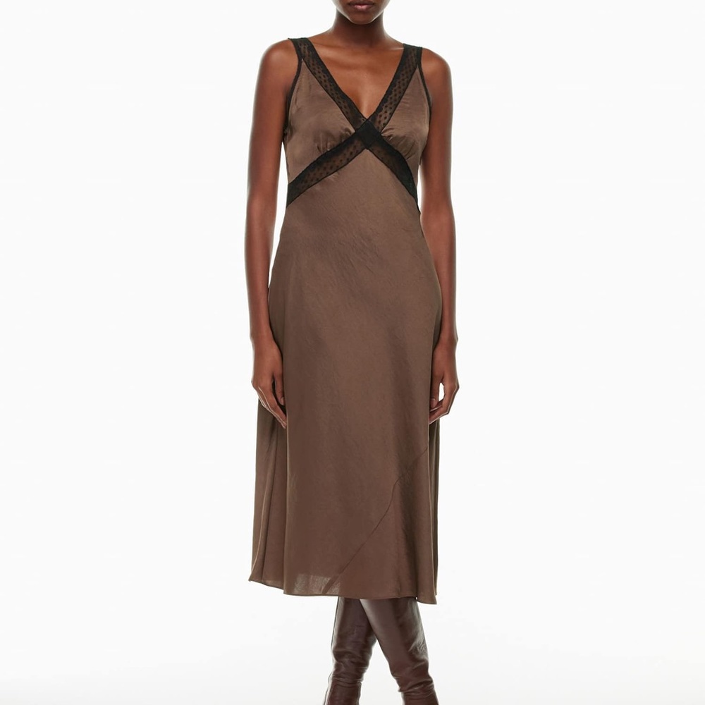 Wilfred Brown Midi Slip Dress with Black Lace Trim